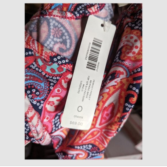 NEW Chico's Perfect Paisley Keyhole Back ShortSleeve Knit Top Sz 0 (4) Pink - Picture 4 of 4